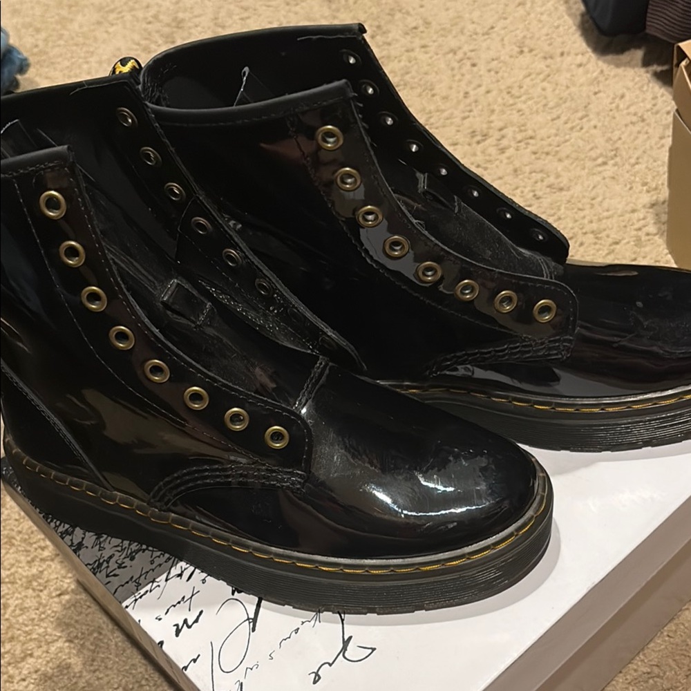 Black patent leather  Boots with Yellow Stitching! No shoelaces